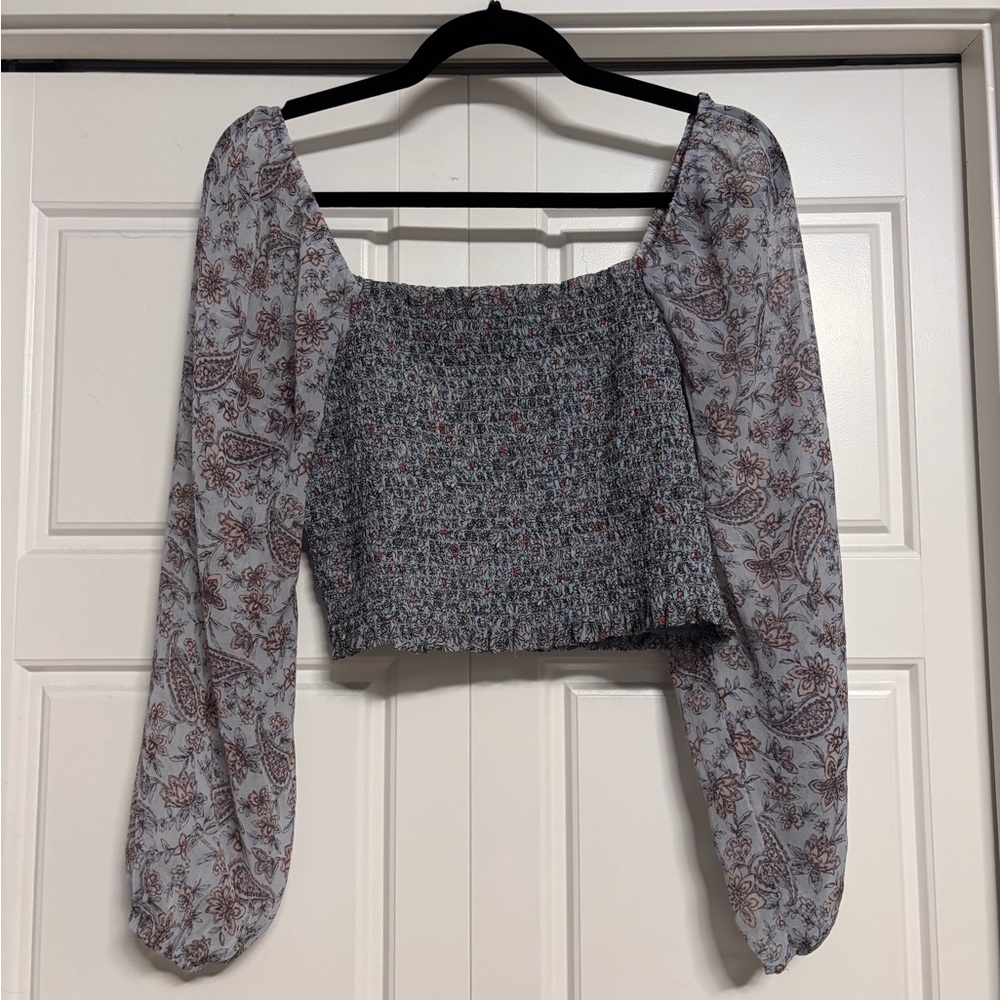 American Eagle Outfitters Blue Smocked Crop Top with Paisley Sleeves